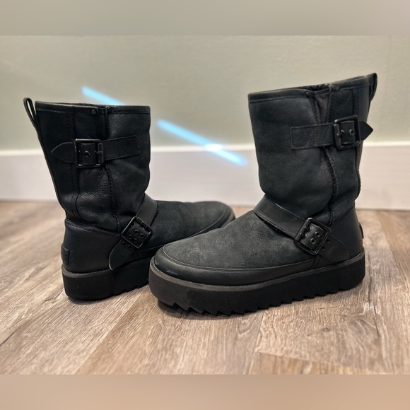UGG Classic Rebel Biker Platform Boots Black Women’s 11 Leather Buckle Lined - Picture 1 of 6